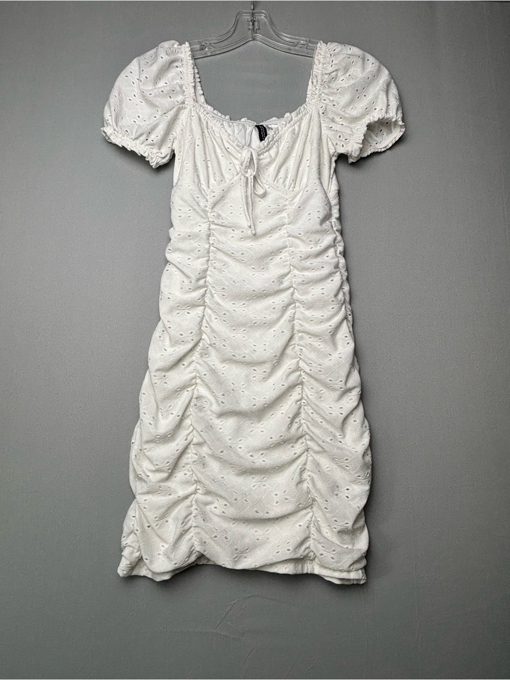 Divided White Eyelet Ruched Mini Dress XS Cottagecore Puff Sleeve Milkmaid